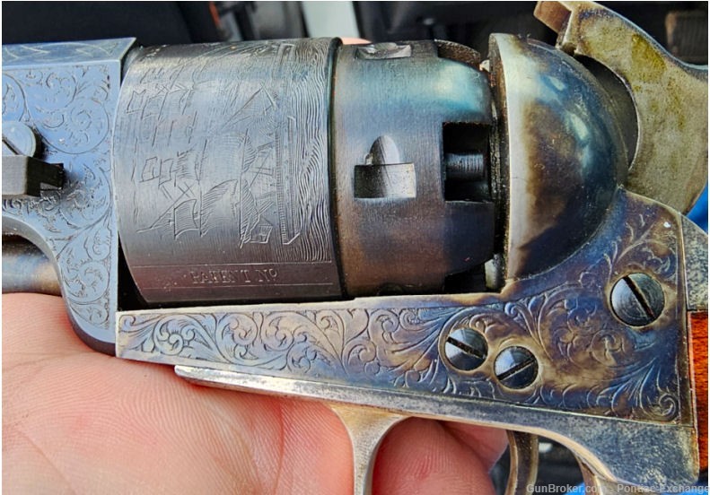 EMF Colt 1851 Revolver Steel Engraved .44 w Case Flask & Bullet Mold-img-7