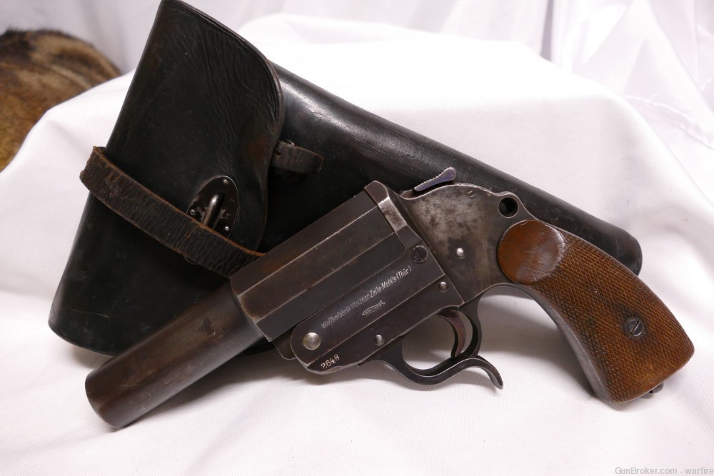 Rare All Steel Weimar Era German Military Flare Pistol & 1928 Dated Holster-img-0