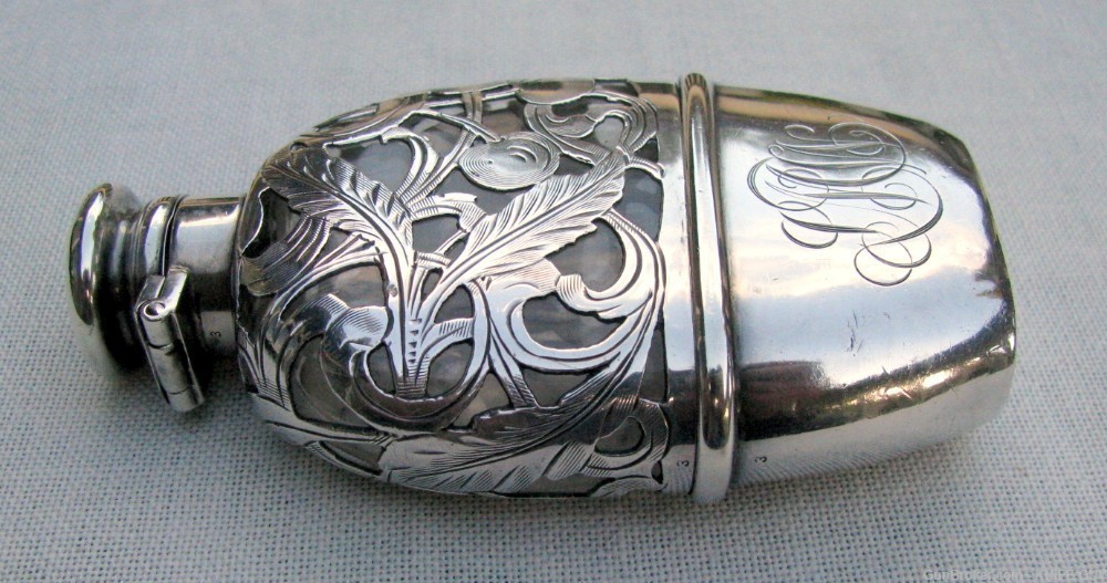 FINE STERLING FILIGREED ENGRAVED POCKET CHERRY BRANDY / WHISKEY FLASK 1890s-img-16