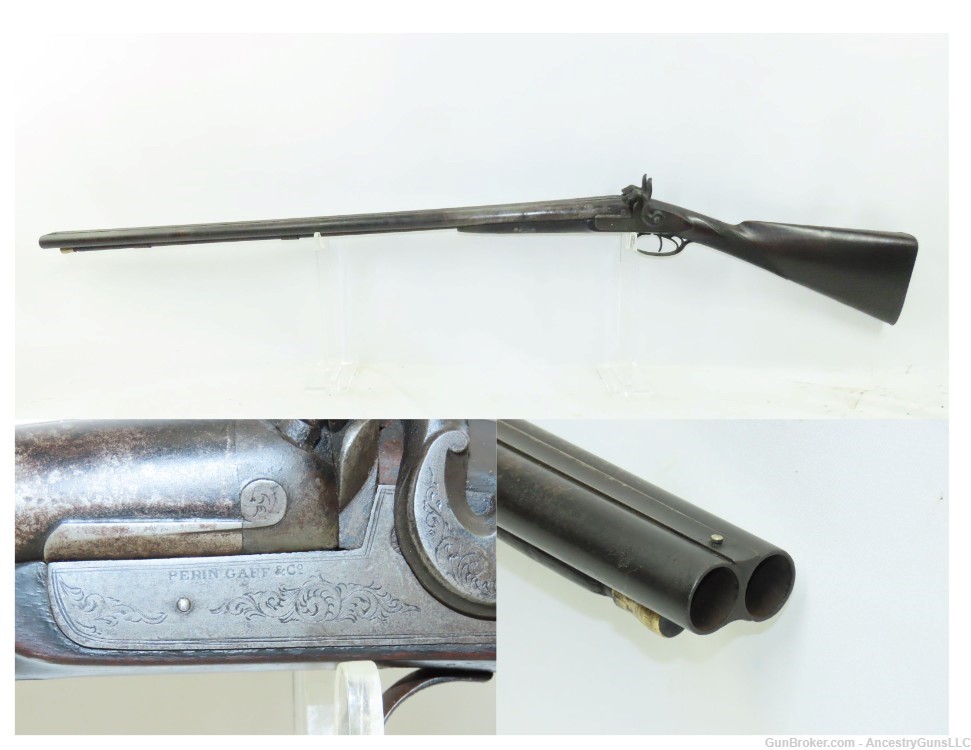 Dog Head Hammers British PERIN GAFF c1860s Antique Double Barrel SHOTGUN   -img-0
