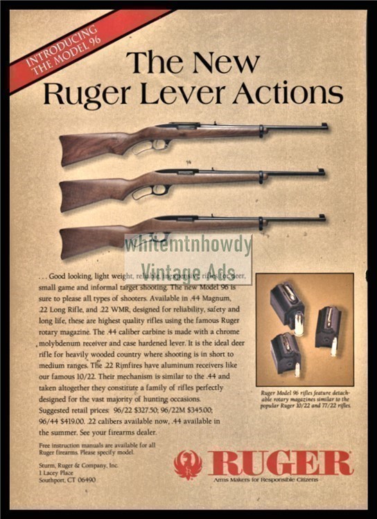 1996 RUGER Introducing Model 96 .44 Mag 22Long 22 WMR Rifle PRINT AD-img-0