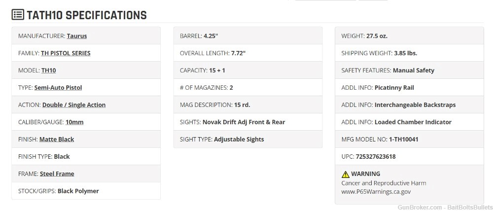 Taurus TH10 10mm 4.25" 15+1 Semi Auto Double/Single Action 1-TH10041 NIB-img-1