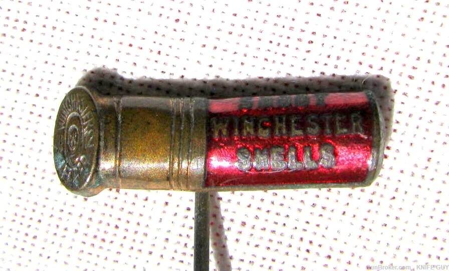 FINE & RARE ANTIQUE WINCHESTER RED ENAMEL FIGURAL 12GAUGE SHOTGUN SHELL PIN-img-1