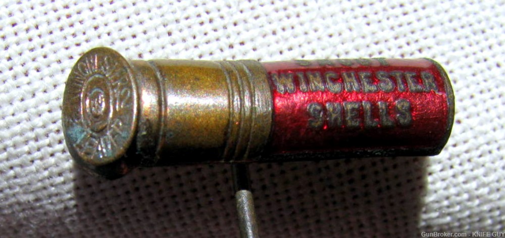 FINE & RARE ANTIQUE WINCHESTER RED ENAMEL FIGURAL 12GAUGE SHOTGUN SHELL PIN-img-3