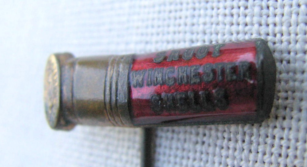 FINE & RARE ANTIQUE WINCHESTER RED ENAMEL FIGURAL 12GAUGE SHOTGUN SHELL PIN-img-2
