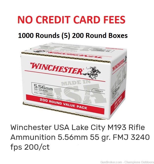 1000 Rounds Winchester USA Lake City M193 Rifle Ammunition 5.56mm 55 gr.-img-0
