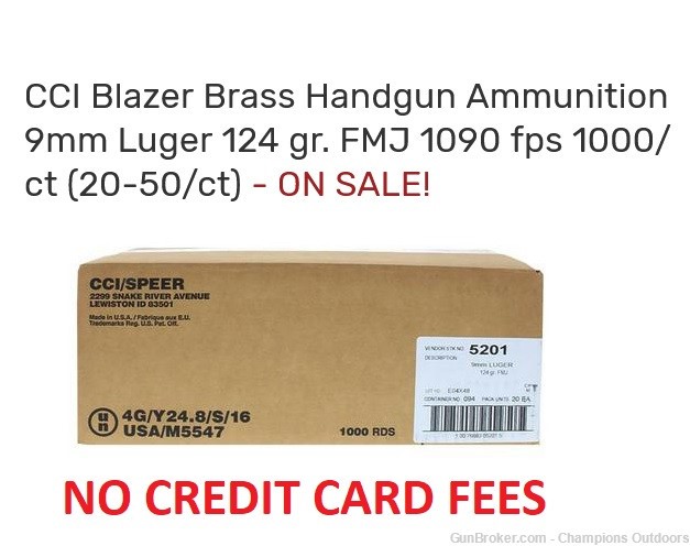 1000 Rds  CCI Blazer Brass Handgun Ammunition 9mm Luger 124 gr. FMJ-img-0