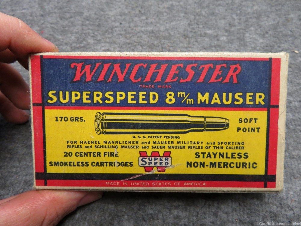 FULL VINTAGE BOX WINCHESTER SUPERSPEED 8MM MAUSER AMMO-EXCELLENT-img-5