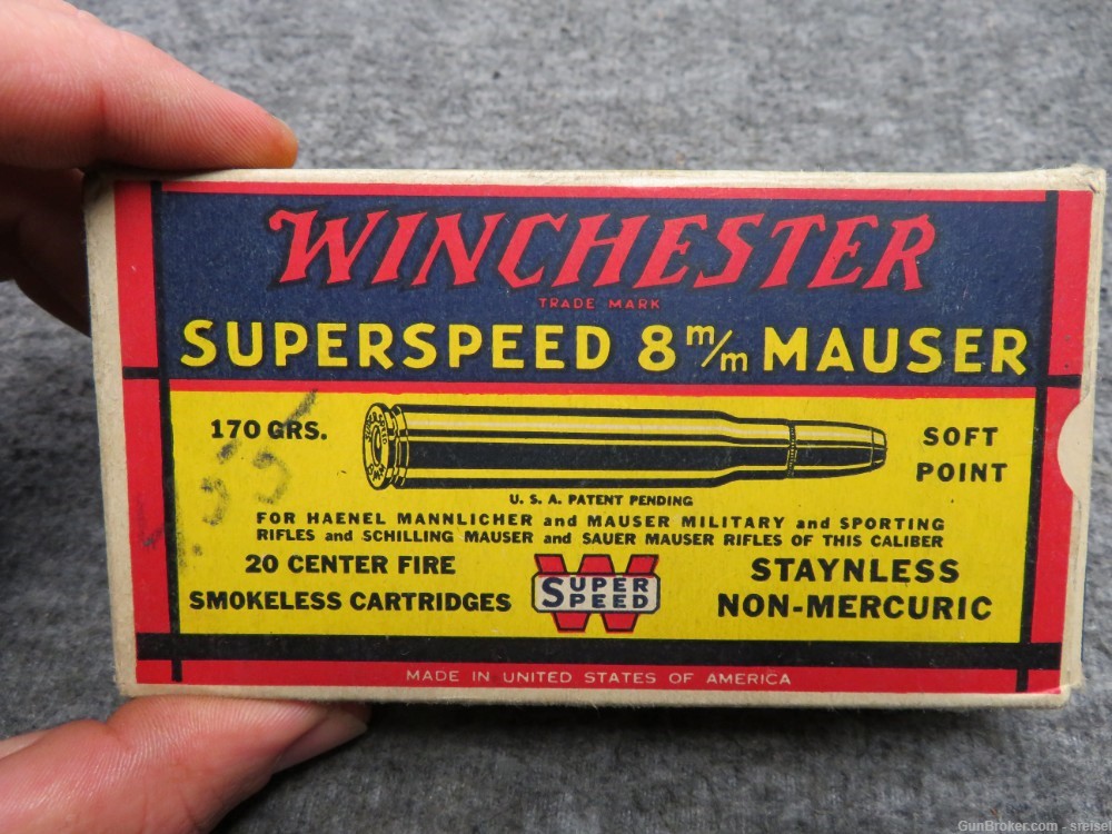 FULL VINTAGE BOX WINCHESTER SUPERSPEED 8MM MAUSER AMMO-EXCELLENT-img-0