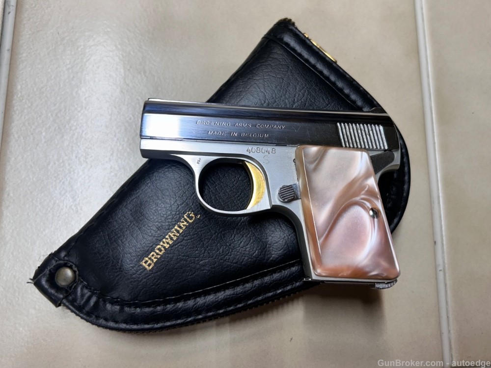 SCARCE MINT 1967 Browning FN Baby Model .25 ACP Lightweight Nickel w/ Pouch-img-0