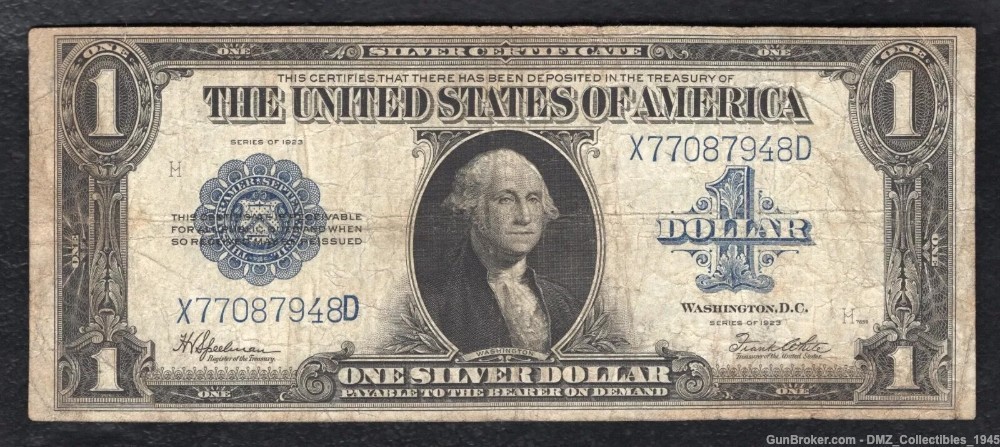1923 $1 US Silver Certificate Money Currency w/ George Washington -img-0