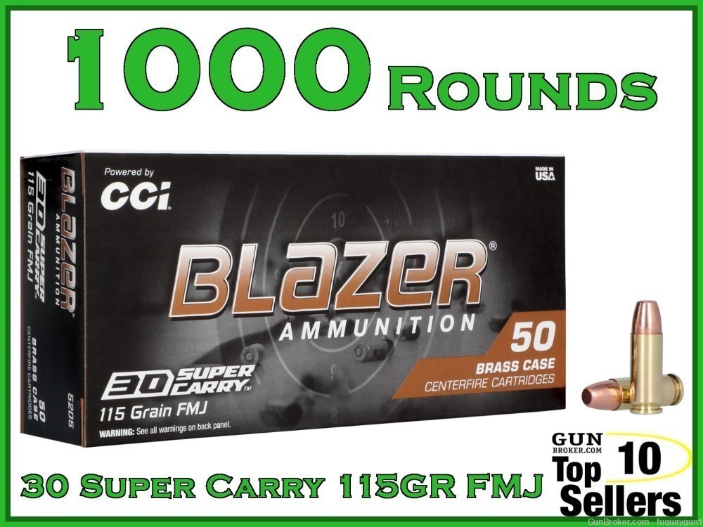 CCI Blazer Brass 30 Super Carry 115 GR FMJ Flat Nose Ammo 5205 1000CT-img-0