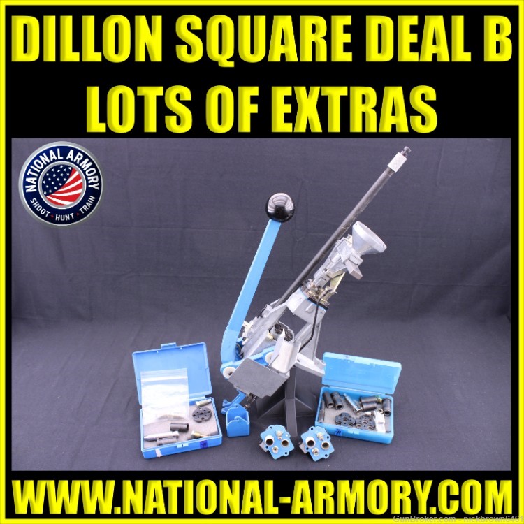 DILLON PRECISION SQUARE DEAL B PRESS 3 TOOLHEADS DIES EXTRAS GREAT COND!-img-0