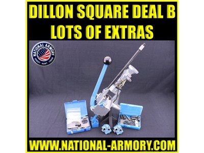 DILLON PRECISION SQUARE DEAL B PRESS 3 TOOLHEADS DIES EXTRAS GREAT COND!