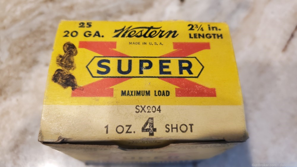 Western Super-X 20 Gauge #4's full box 25 paper shells circa 1959 -img-1
