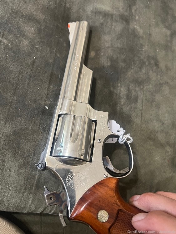 Smith & Wesson model 29 nickel revolver 6 shot 6” barrel wood grips holster-img-11