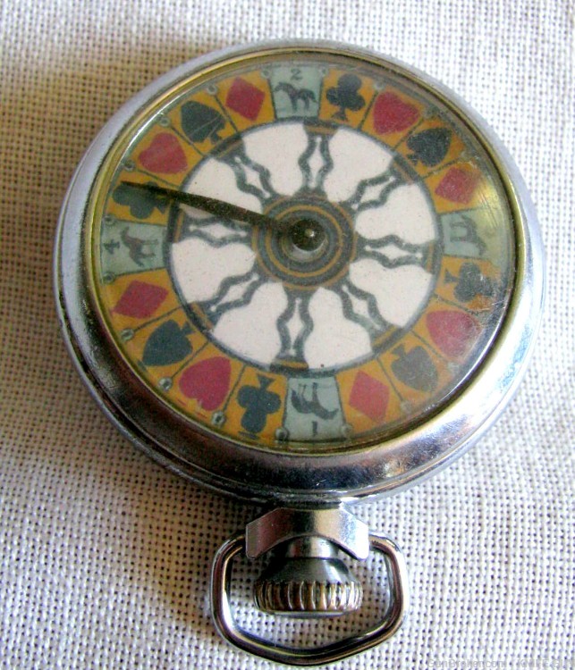 POCKET OLD STYLE GAMBLING WHEEL 4 HORSES 4 CARDSUITS MECHANICAL DEVICE-img-2