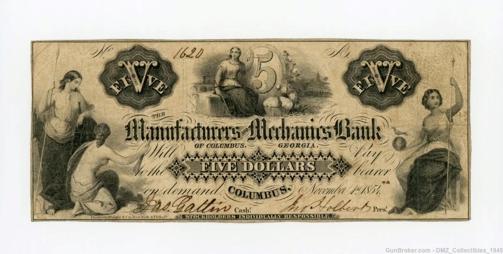 1854 $5 Georgia Bank Note Antique Currency Money-img-0