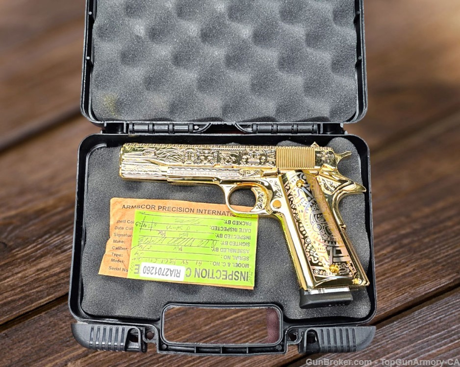 ROCK ISLAND 1911, 38 Super, All 24K GOLD Plated, MAYAN AZTEC Engraved-img-6