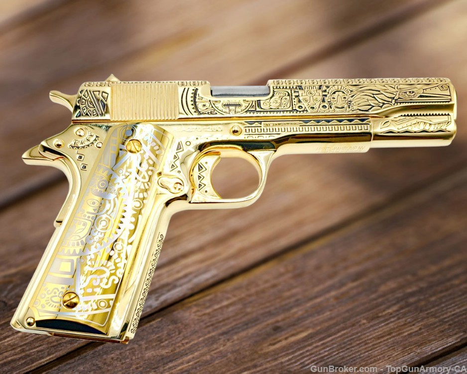 ROCK ISLAND 1911, 38 Super, All 24K GOLD Plated, MAYAN AZTEC Engraved-img-5