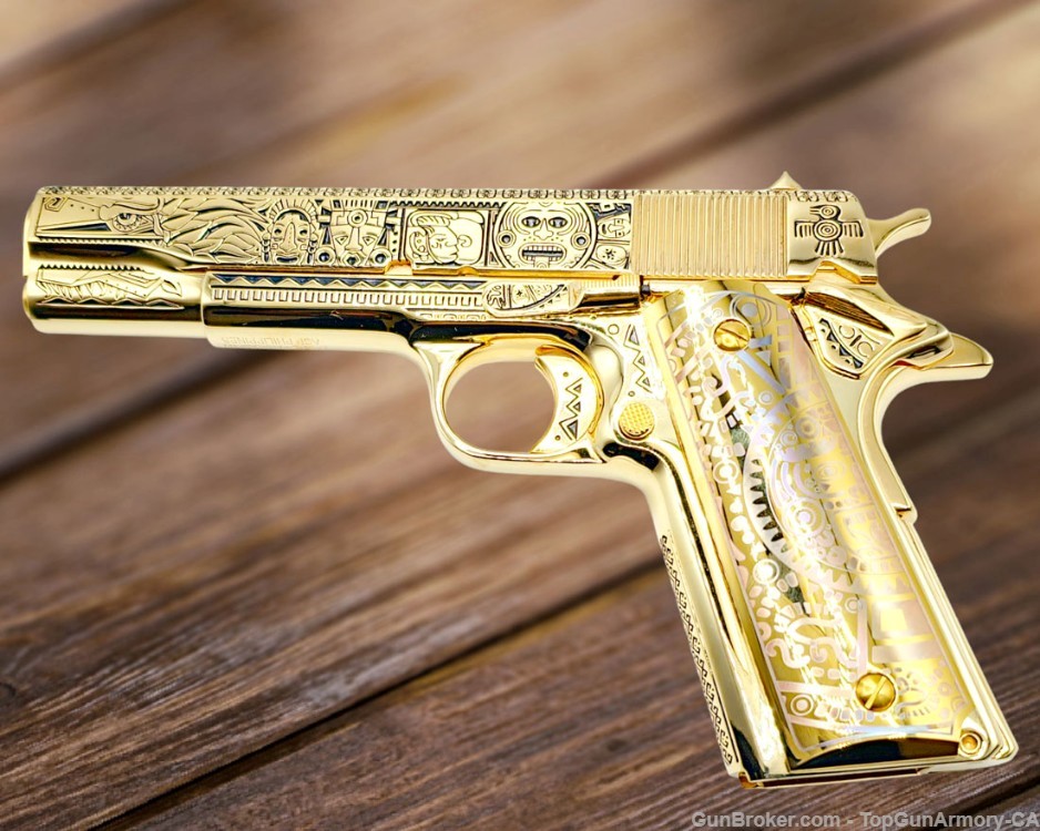 ROCK ISLAND 1911, 38 Super, All 24K GOLD Plated, MAYAN AZTEC Engraved-img-4