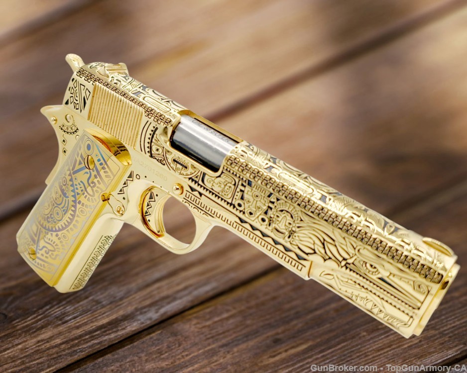 ROCK ISLAND 1911, 38 Super, All 24K GOLD Plated, MAYAN AZTEC Engraved-img-0