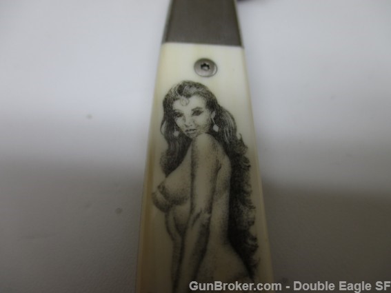 Jerry RADOS Vintage Custom Damascus STILETTO W/Pinup Girl Scrimshaw -img-3