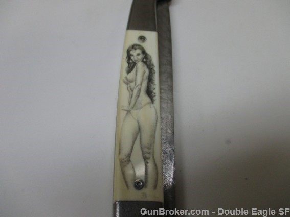 Jerry RADOS Vintage Custom Damascus STILETTO W/Pinup Girl Scrimshaw -img-37