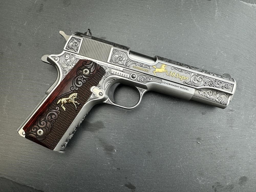 Colt 1911 .38 Super Dubber Engraved Scroll Gold Plated by Altamont-img-12