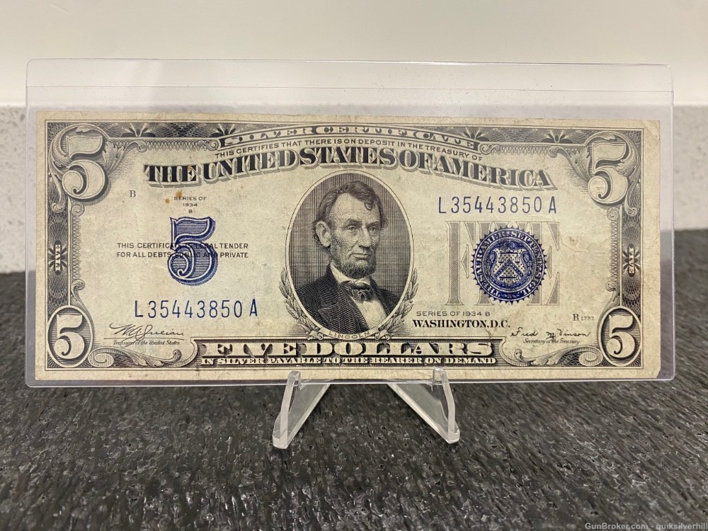 Nice Series 1934 B $5 Five Dollar Silver Certificate “Godless” Note -img-0