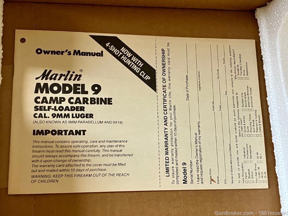 1990 Marlin model 9 Camp Carbine 9mm Unfired NIB-img-9