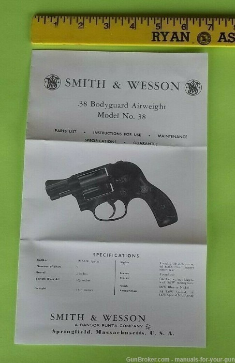 SMITH & WESSON .38 BODYGUARD AIRWEIGHT MODEL NO. 38 MANUAL (605)-img-3