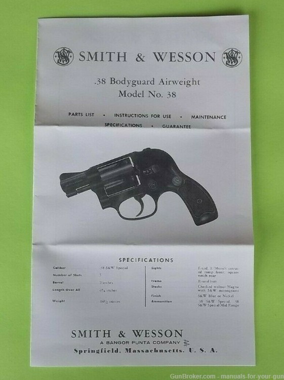 SMITH & WESSON .38 BODYGUARD AIRWEIGHT MODEL NO. 38 MANUAL (605)-img-0