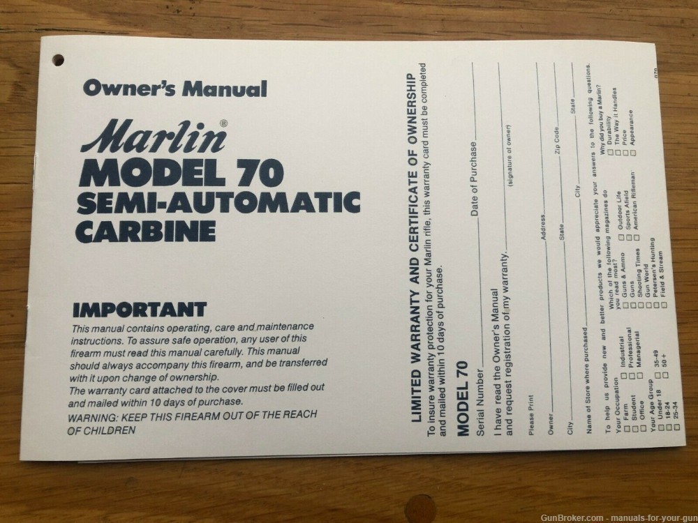 MARLIN MODEL 70 SEMI-AUTOMATIC .22LR CALIBER CARBINE OWNER'S MANUAL (672)-img-0