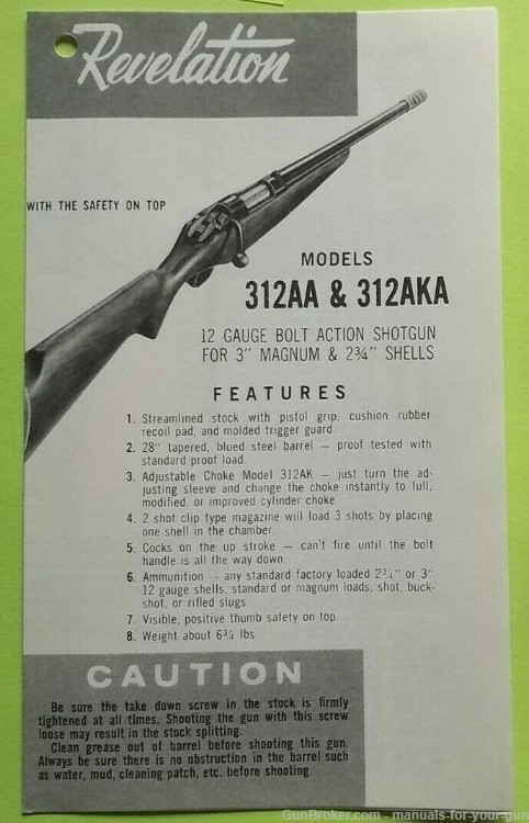 REVELATION MODEL 312AA & 312AKA 12 GAUGE BOLT ACTION SHOTGUN MANUAL (645)-img-0
