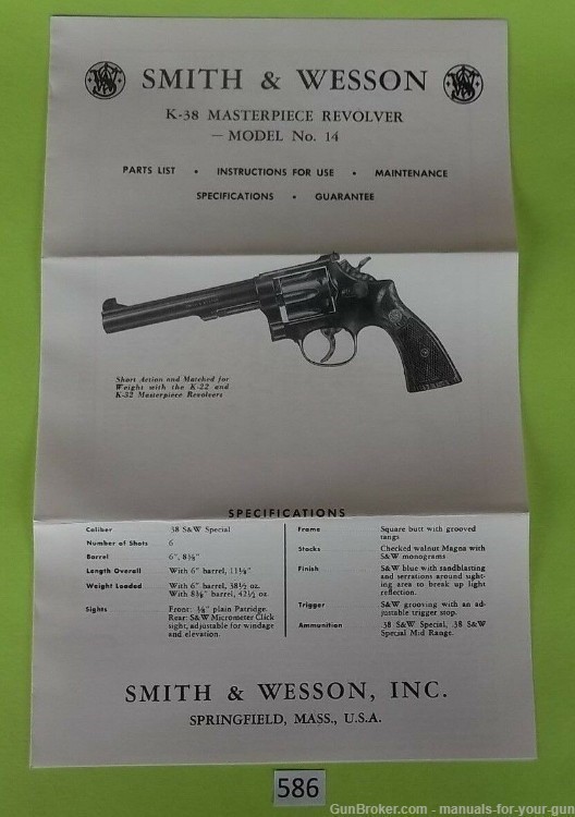 Manual for a Smith & Wesson K-38 Masterpiece Revolver Model No 14 (586)-img-0