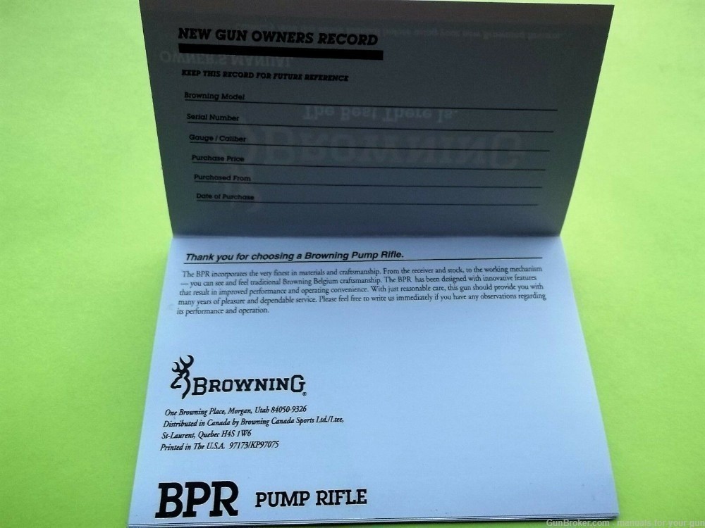 BROWNING OWNER'S MANUAL FOR A BPR PUMP ACTION RIFLE (525)-img-1