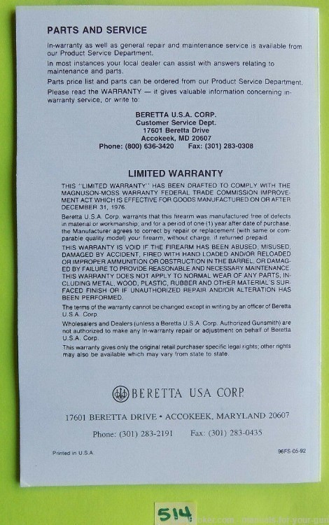 Beretta 96FS .40 Caliber Pistol OWNERS MANUAL (514)-img-1