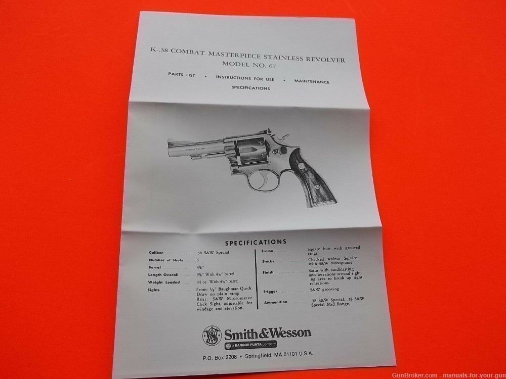 K-38 COMBAT MASTERPIECE SMITH AND WESSON MODEL NO. 67 REVOLVER MANUAL (410)-img-0