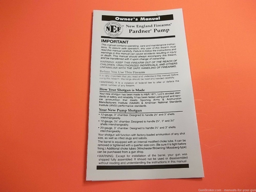 NEW ENGLAND FIREARMS PARDNER PUMP OWNER'S MANUAL (168)-img-0