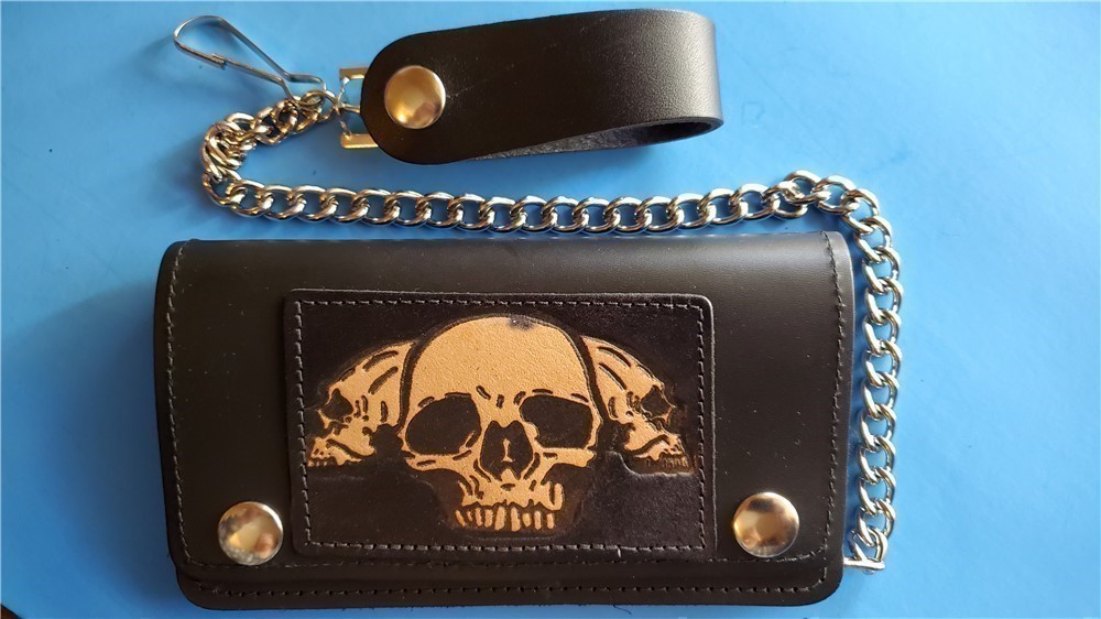 Chain Wallet SCULL Design 6 1/2" Genuine Leather-img-1