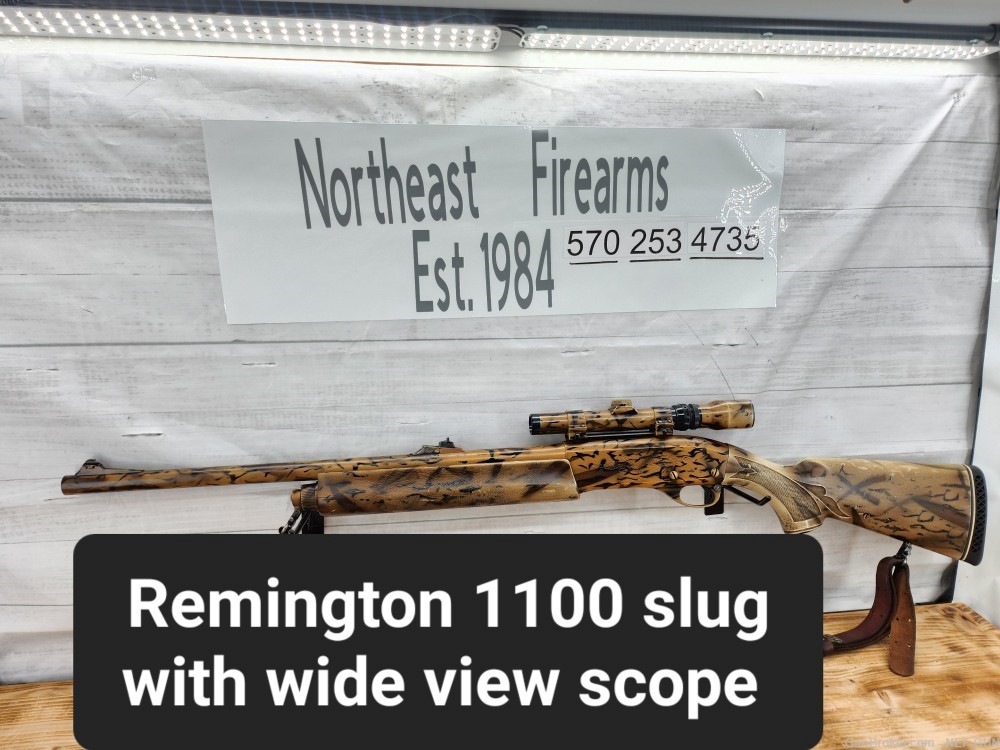 remington 1100 slug gun with wide view 1.5 x4.5 scope old school cool camo -img-0