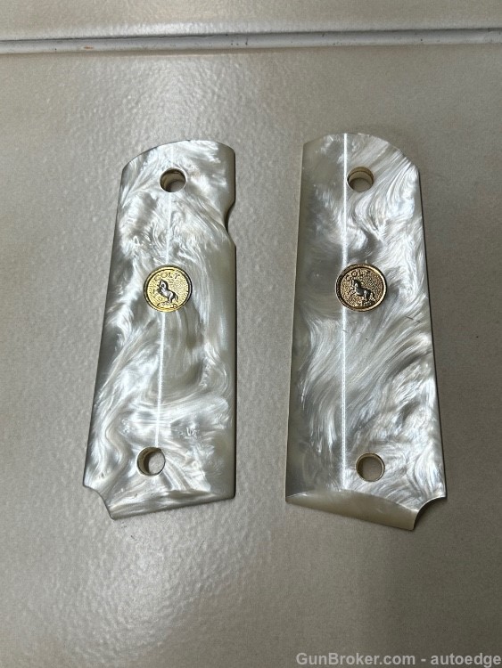 Vintage Faux Mother of Pearl Colt 1911 Grips with Gold Medallions-img-0