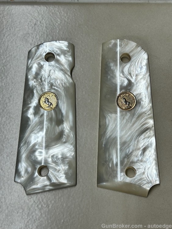Vintage Faux Mother of Pearl Colt 1911 Grips with Gold Medallions-img-1