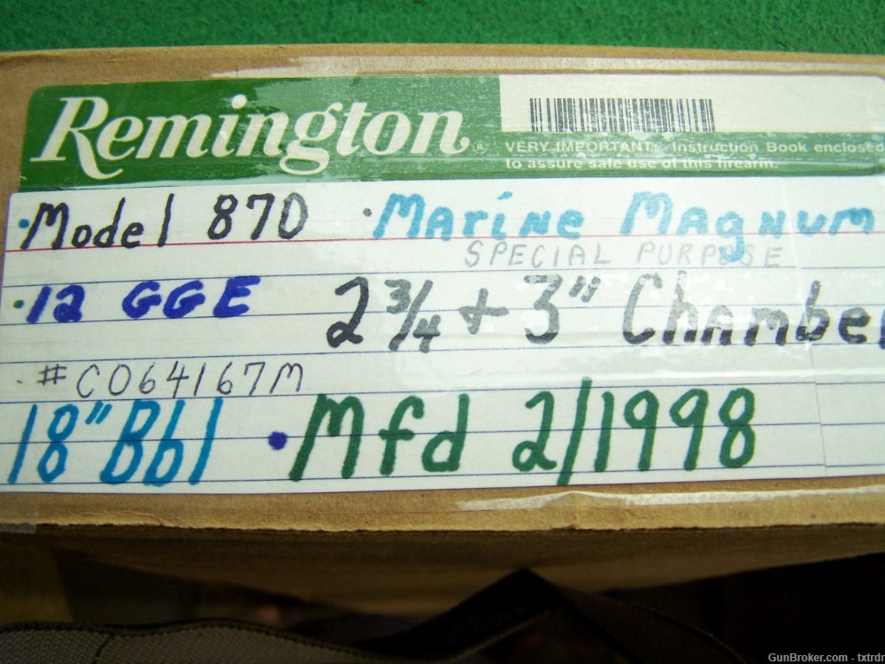 Collector Remington 870 Marine Magnum, 12 GGE, Mfd 1998, No Longer Mfd-img-2