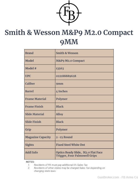 S&W M&P9 M2.0 Compact 9MM 15rd Mag 4in Barrel NIB-img-1