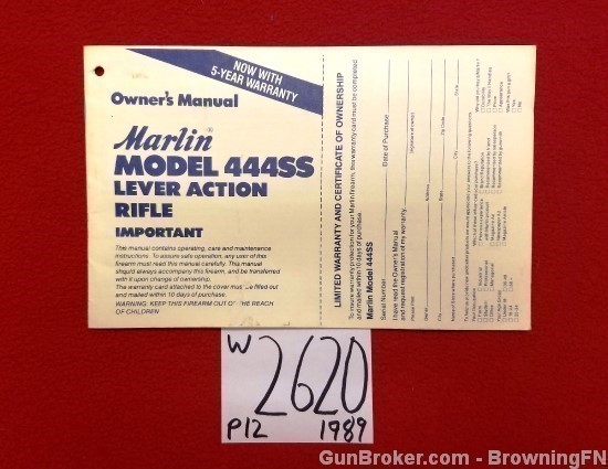 Orig Marlin Model 444SS Owners Instruction Manual 1989-img-0
