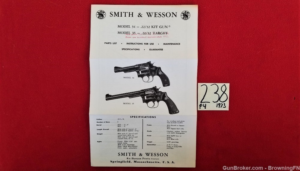 Original S&W Model 34 35 Owners Instruction Manual 1973-img-0