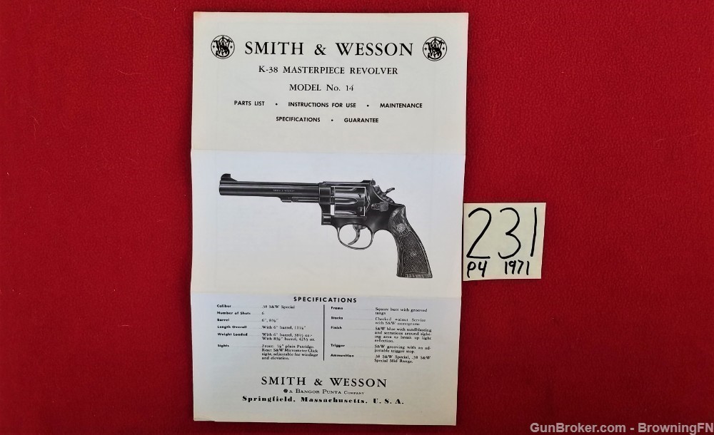 Original S&W Model 14 Owners Instruction Manual 1971-img-0