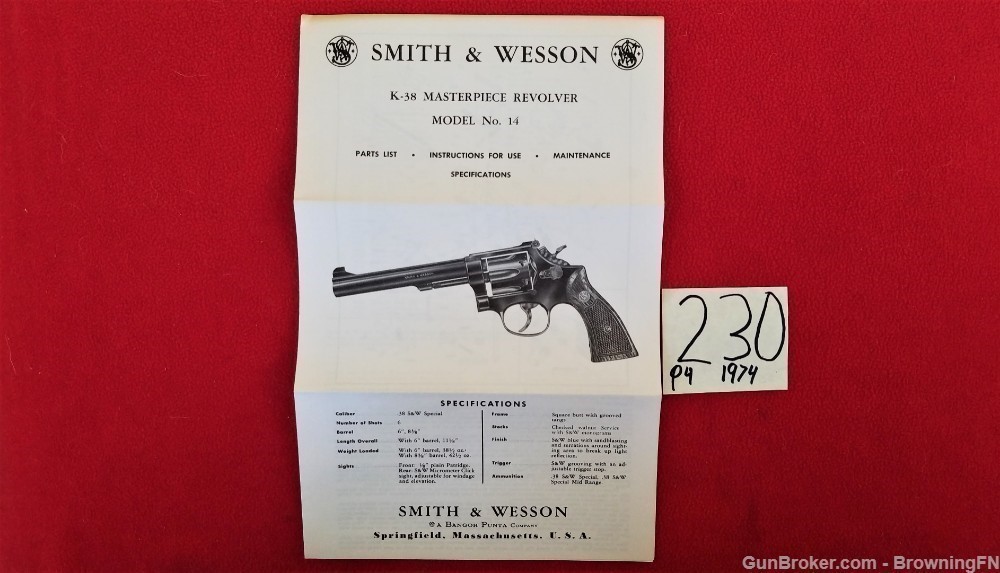 Original S&W Model 14 Owners Instruction Manual 1974-img-0